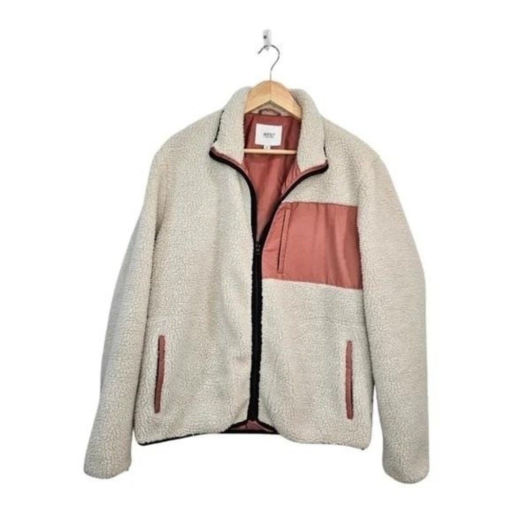 WESC Moritz Teddy Fleece Unisex Jacket Mens XL Ivory Colorblock Zip Up‎ Warm